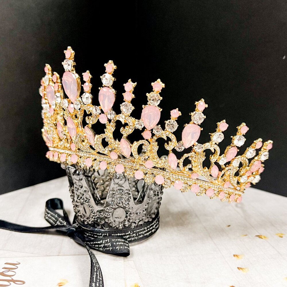 Pink and Gold Crystal Tiara Wedding Princess Gemstone Crown Adult women’s queen - Picture 2 of 11